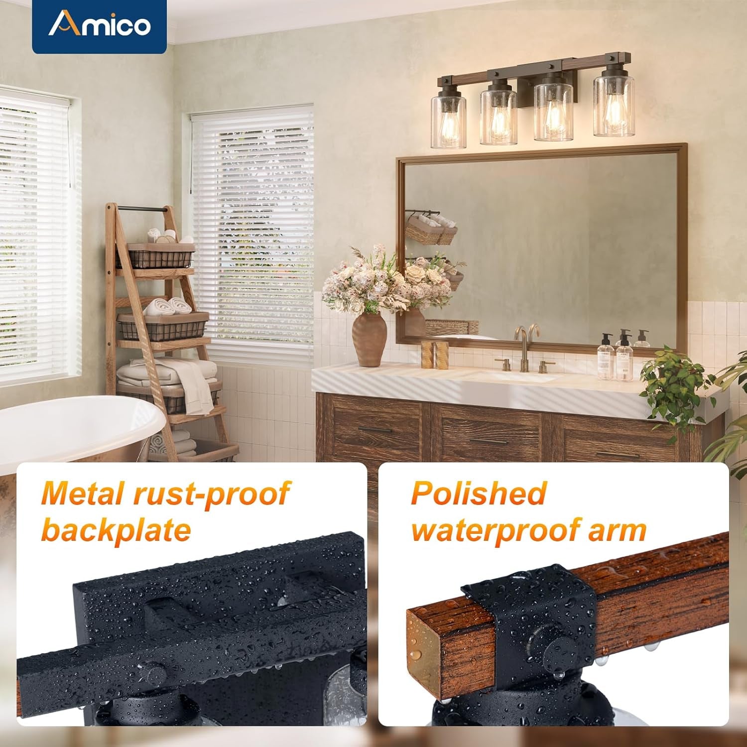 Farmhouse Bathroom Vanity Light Fixtures,Rustic 4-Light Industrial Painted Wood Lights,Vintage Black Wall Sconces Bathroom Vanity Lighting with Bubble Glass Shade