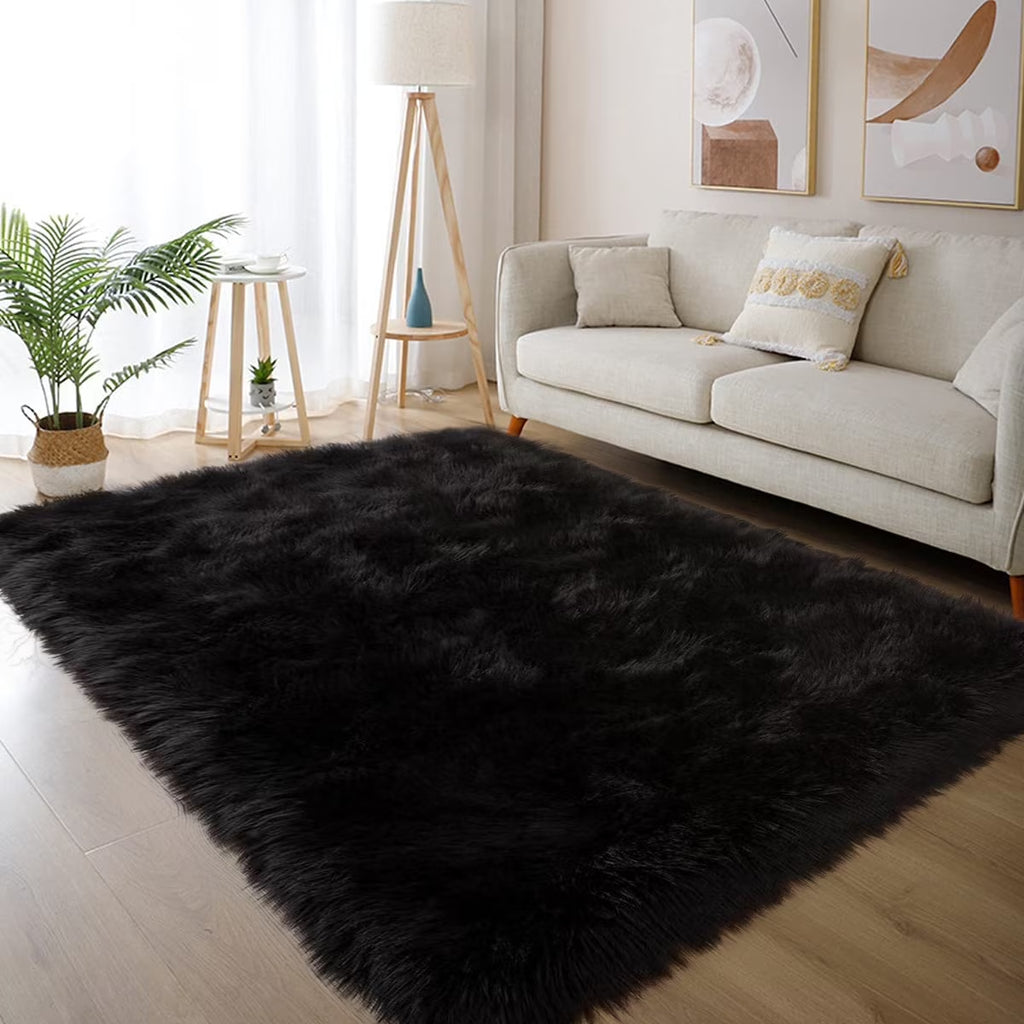 5X8 Sheepskin Rug, Faux Fur Sheepskin Rug for Living Room, Fluffy Washable Rug for Bedroom, Nursery, Luxury Room Decor, Black Fluffy Rug, Rectangle