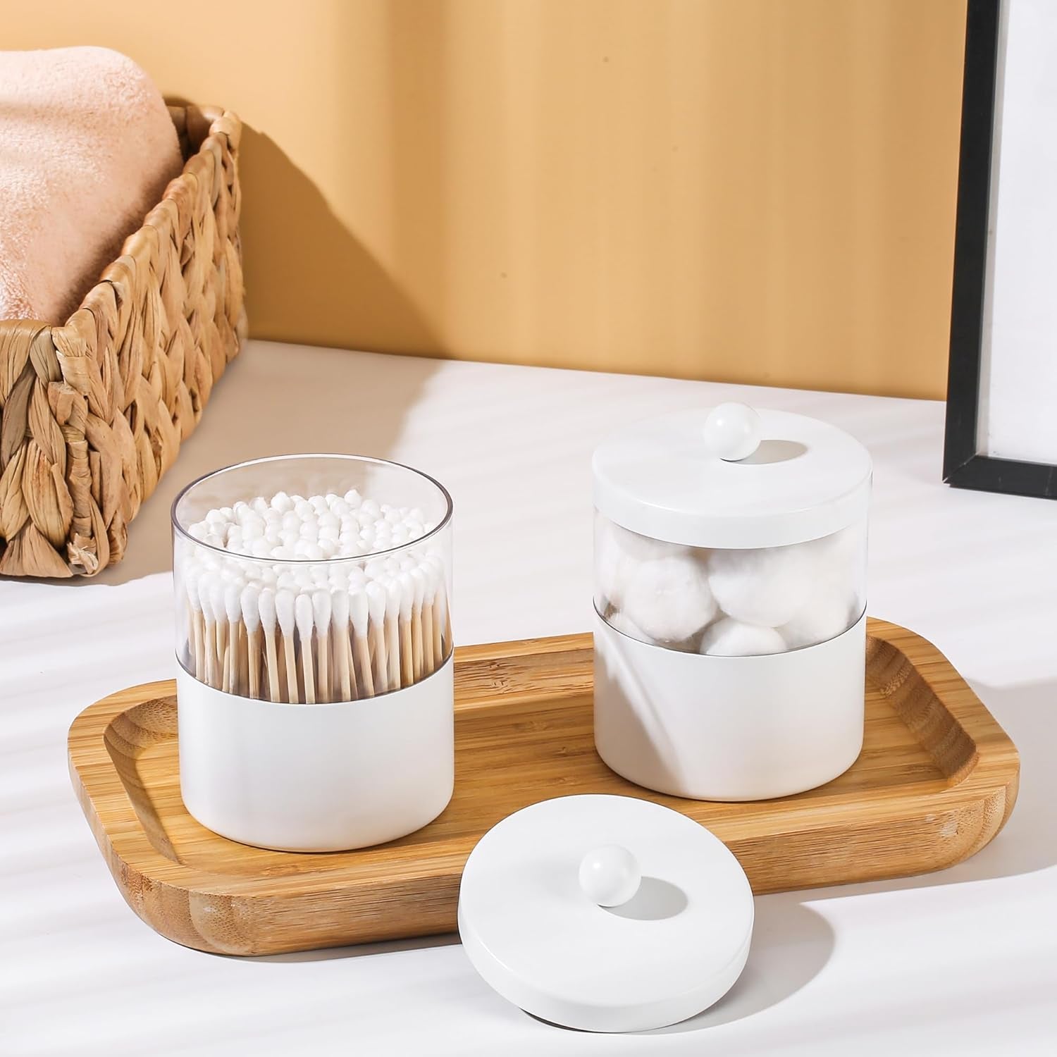 White Apothecary Jars, White Qtip Holder - Stainless Steel Bathroom Jar with Stickers - Farmhouse Decor Qtip Dispenser for Qtips, Cotton Balls, Swabs, Makeup Sponges (2-Pack)