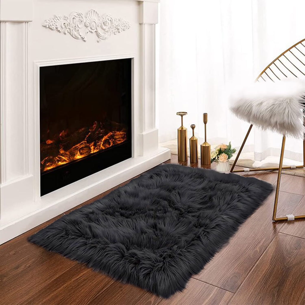 Faux Fur Rug 2X3 Ft Faux Sheepskin Rug for Living Room Fluffy Washable Rug for Bedroom Nursery Room Black Rug Solid Rectangle