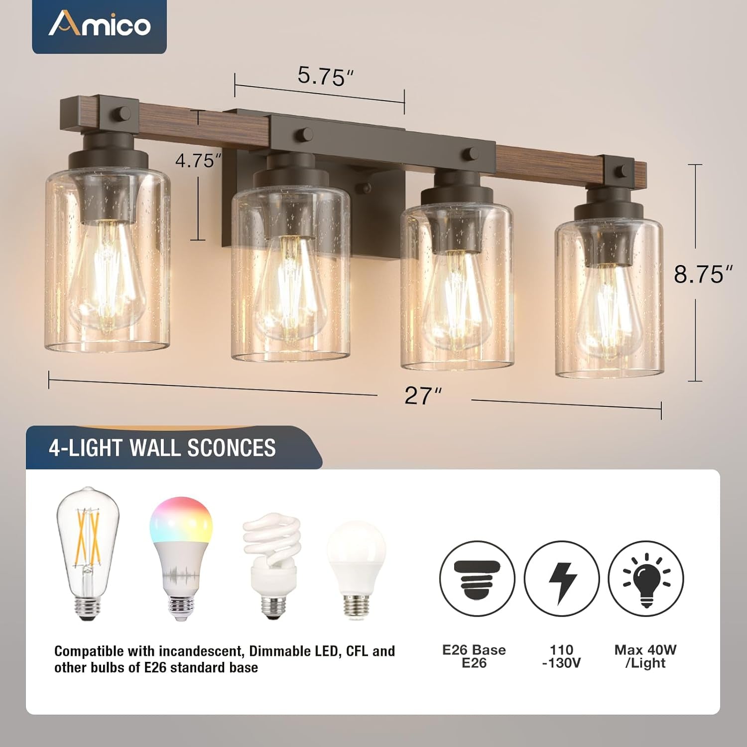 Farmhouse Bathroom Vanity Light Fixtures,Rustic 4-Light Industrial Painted Wood Lights,Vintage Black Wall Sconces Bathroom Vanity Lighting with Bubble Glass Shade