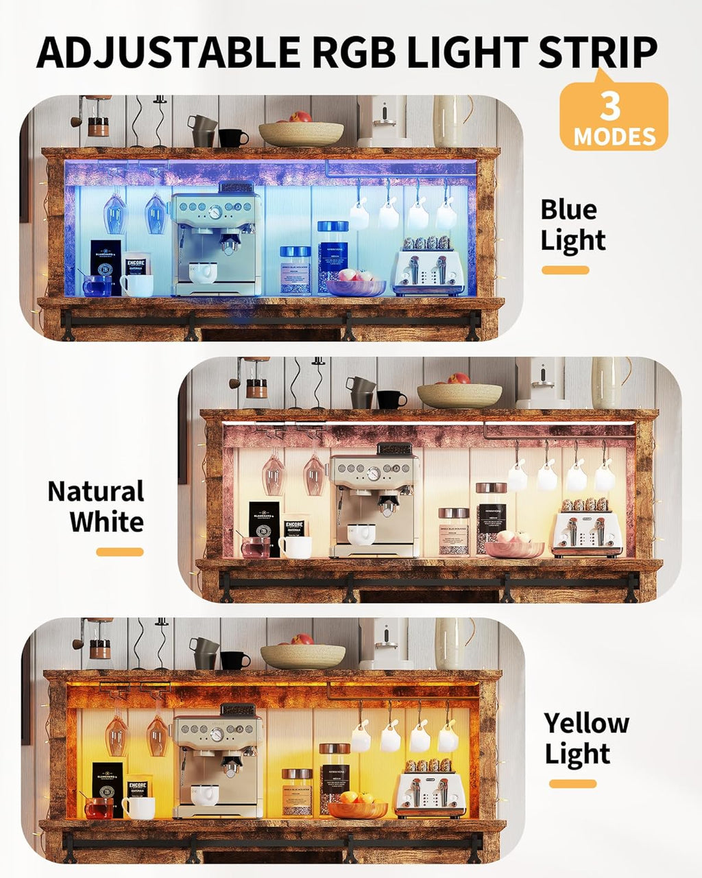Farmhouse Coffee Bar Cabinet 55" – LED Light, Power Outlet & USB, Sliding Barn Door, 12-Bottle Wine Rack, 2 Drawers, Ample Storage, Buffet Sideboard for Dining Room, Brown