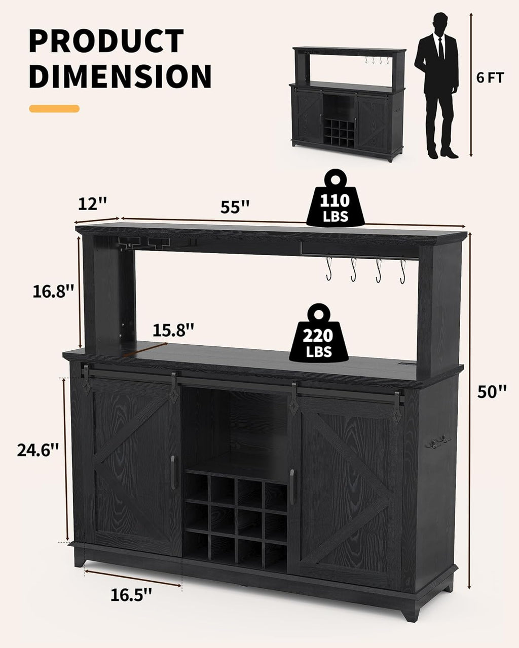 Farmhouse Coffee Bar Cabinet 55" – LED Lighting, Built-In Power Outlet, Sliding Barn Door, Buffet Sideboard with 12-Bottle Wine Rack, Glass Holder, Drawers, Ample Storage, Dining Room, All