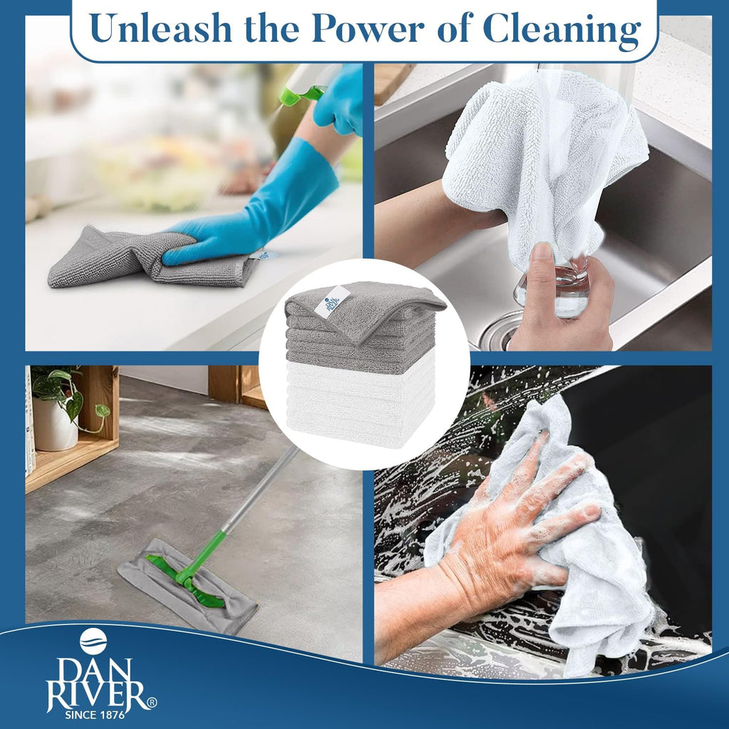 24-Pack Microfiber Towels – Ultra Absorbent, Lint Free Cloth & Streak-Free for Home, Car & Kitchen - Must-Have Cleaning Essentials - 12" X 12" - Gray White