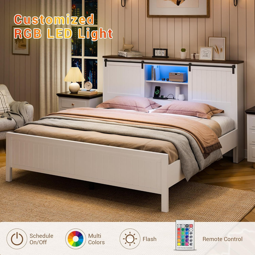 Farmhouse Bed Frame Full Size with LED Lights and Charging Station, Wooden Platform Full Bed with Storage Bookcase Headboard, Full Bed Frame with Sliding Barn Door, No Box Spring Needed