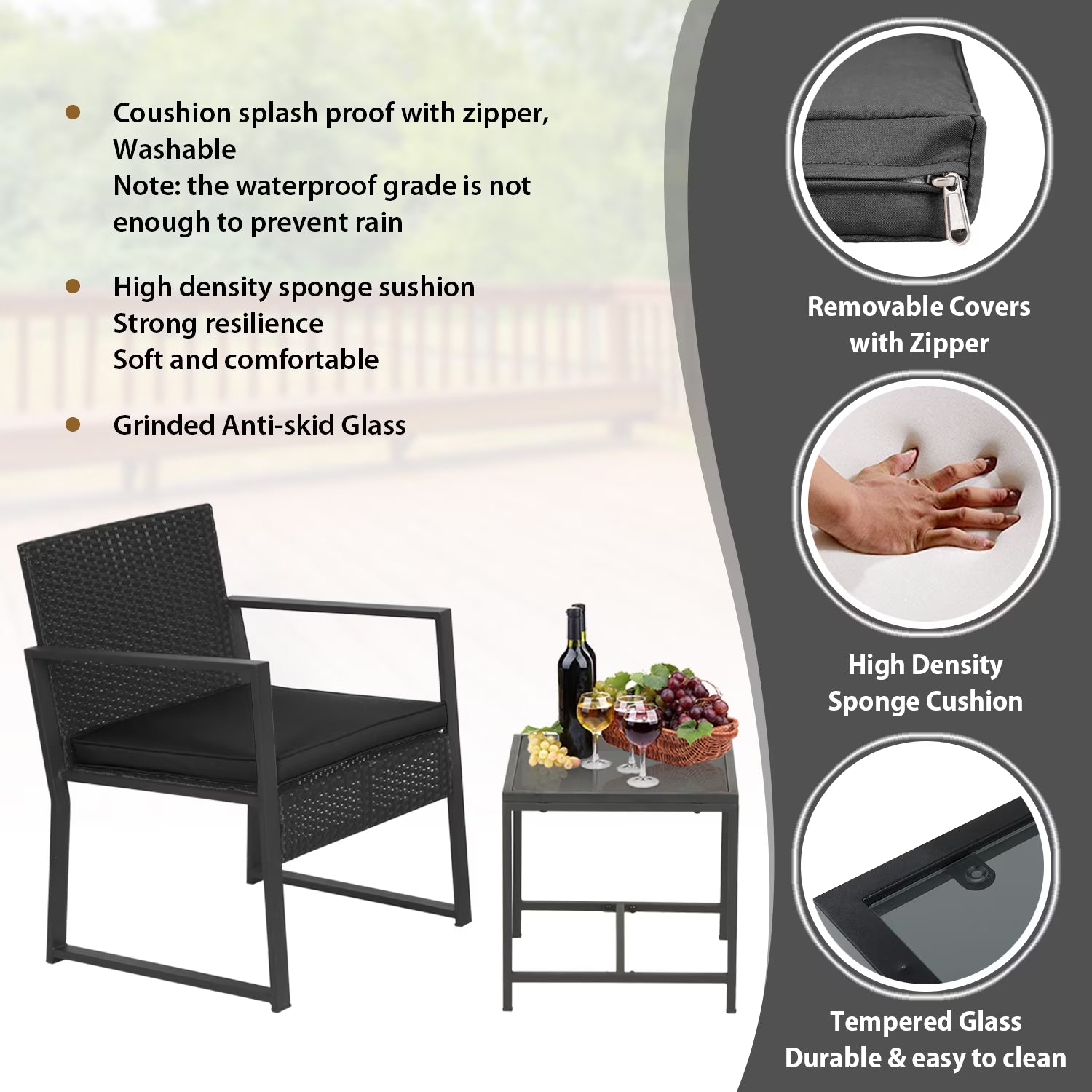 3 Piece Patio Furniture Sets Wicker Patio Chairs Rattan Outdoor Bistro Set Outdoor Furniture for Backyard Porch Poolside Lawn,Black Cushion