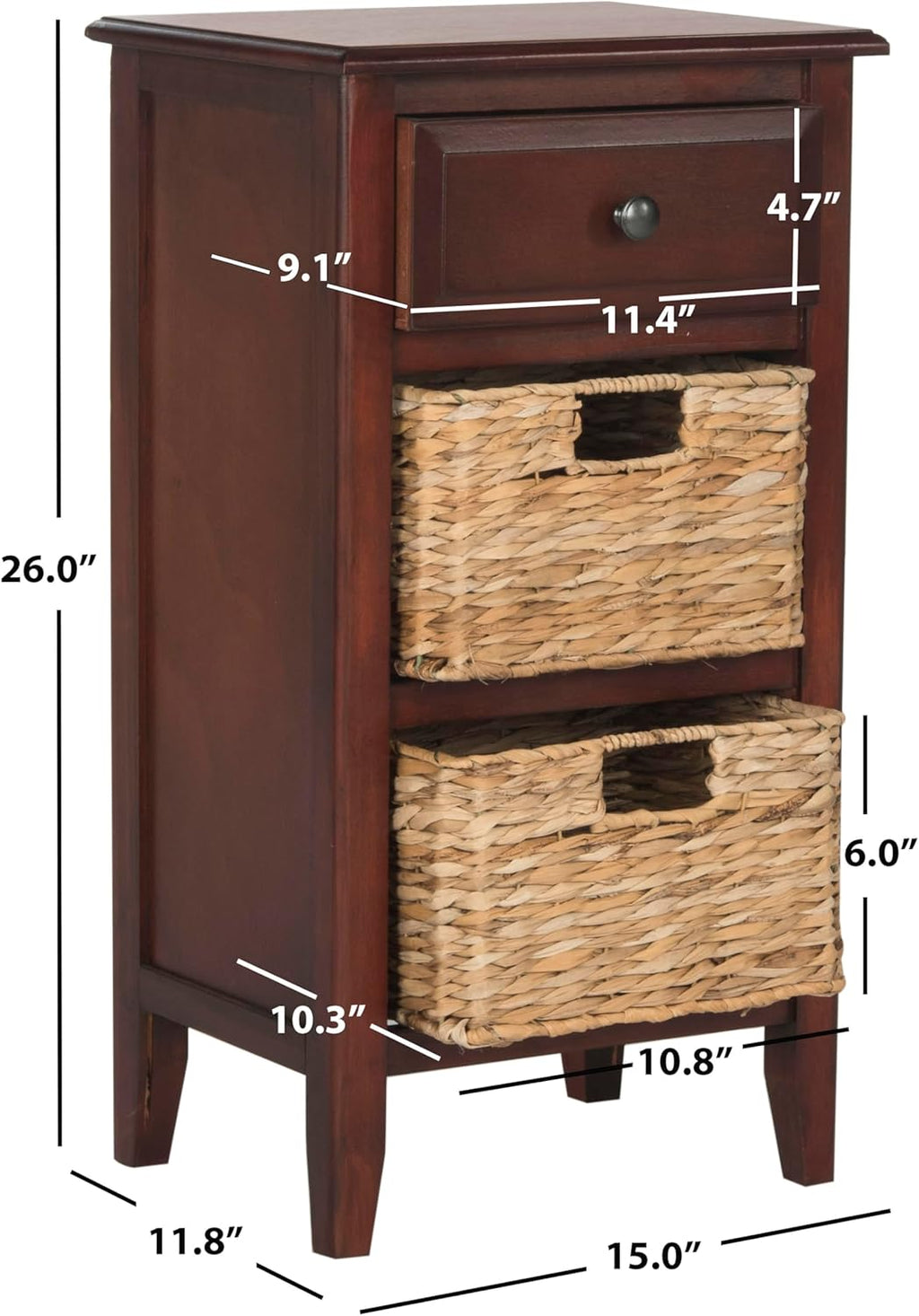SAFAVIEH Furniture - Everly 1-Drawer Side Table - Cherry - Solid Wood - Coastal Basket Storage Design - Ideal for Living Room, Entryway, Home Office, 15"W X 12"D X 27.5"H - Fully Assembled (AMH5743C)