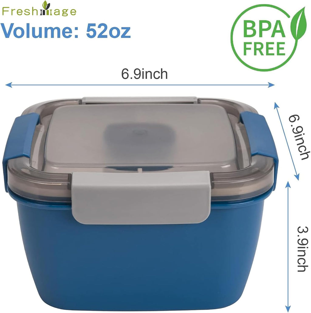 Salad Lunch Container to Go, 52-Oz Salad Bowls with 3 Compartments, Salad Dressings Container for Salad Toppings, Snacks, Men, Women (Blue)