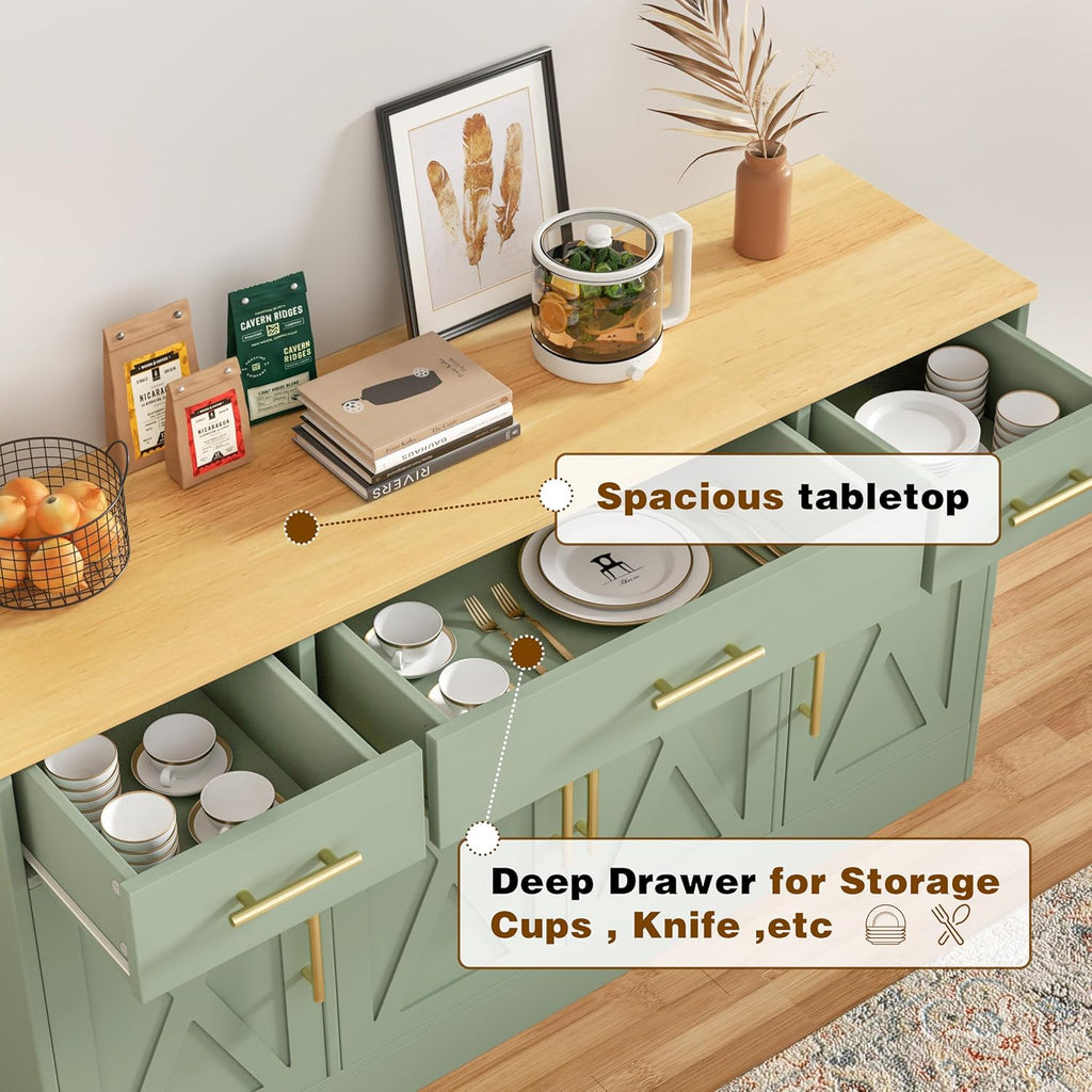 Buffet Cabinet with Storage, Farmhouse Coffee Bar Table with Drawers, 53” Large Modern Sideboard Buffet with Adjustable Shelves, Wood Buffet Table for Kitchen, Dining Room, Green
