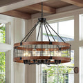 10-Light Farmhouse Drum Wood Pendant Light,32'' Vintage Rustic Brown Oak Wood Chandeliers,Retro Industrial Hanging Light Fixtures for Dining Room Entryway, Bedroom