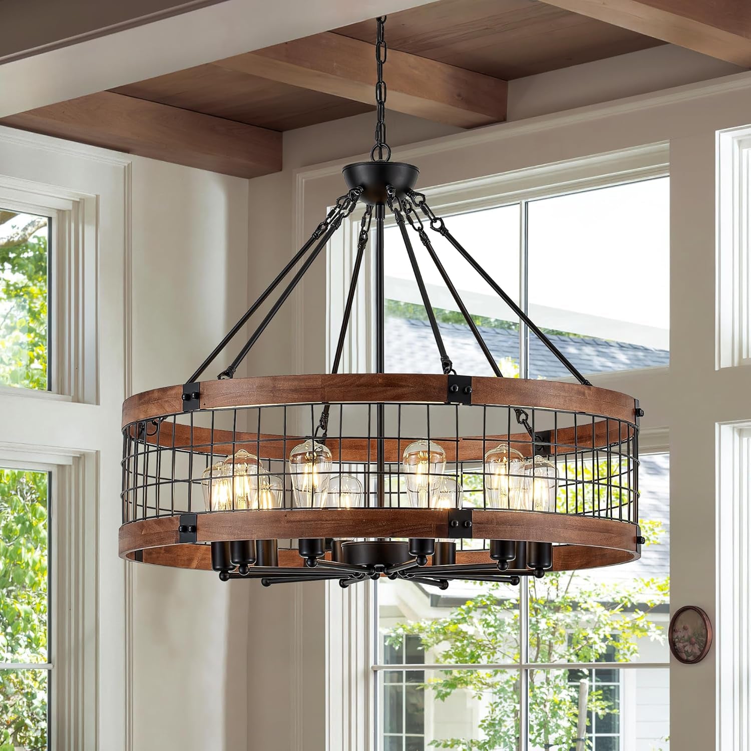 10-Light Farmhouse Drum Wood Pendant Light,32'' Vintage Rustic Brown Oak Wood Chandeliers,Retro Industrial Hanging Light Fixtures for Dining Room Entryway, Bedroom