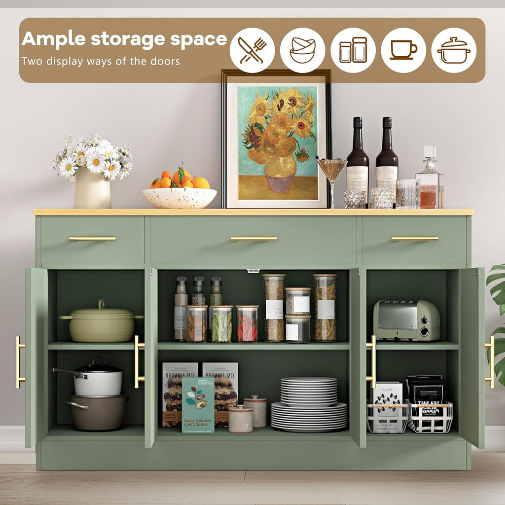 Buffet Cabinet with Storage, Farmhouse Coffee Bar Table with Drawers, 53” Large Modern Sideboard Buffet with Adjustable Shelves, Wood Buffet Table for Kitchen, Dining Room, Green