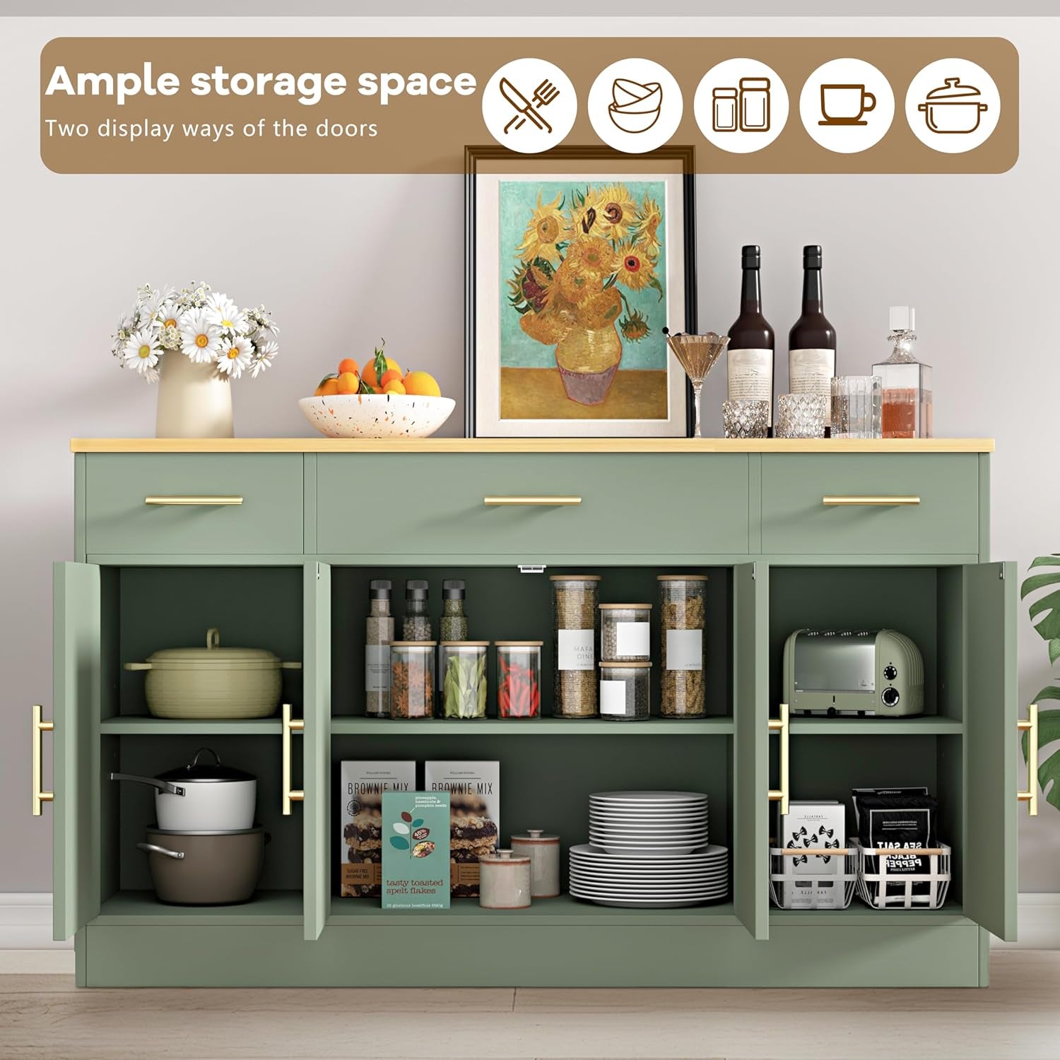 Buffet Cabinet with Storage, Farmhouse Coffee Bar Table with Drawers, 53” Large Modern Sideboard Buffet with Adjustable Shelves, Wood Buffet Table for Kitchen, Dining Room, Green