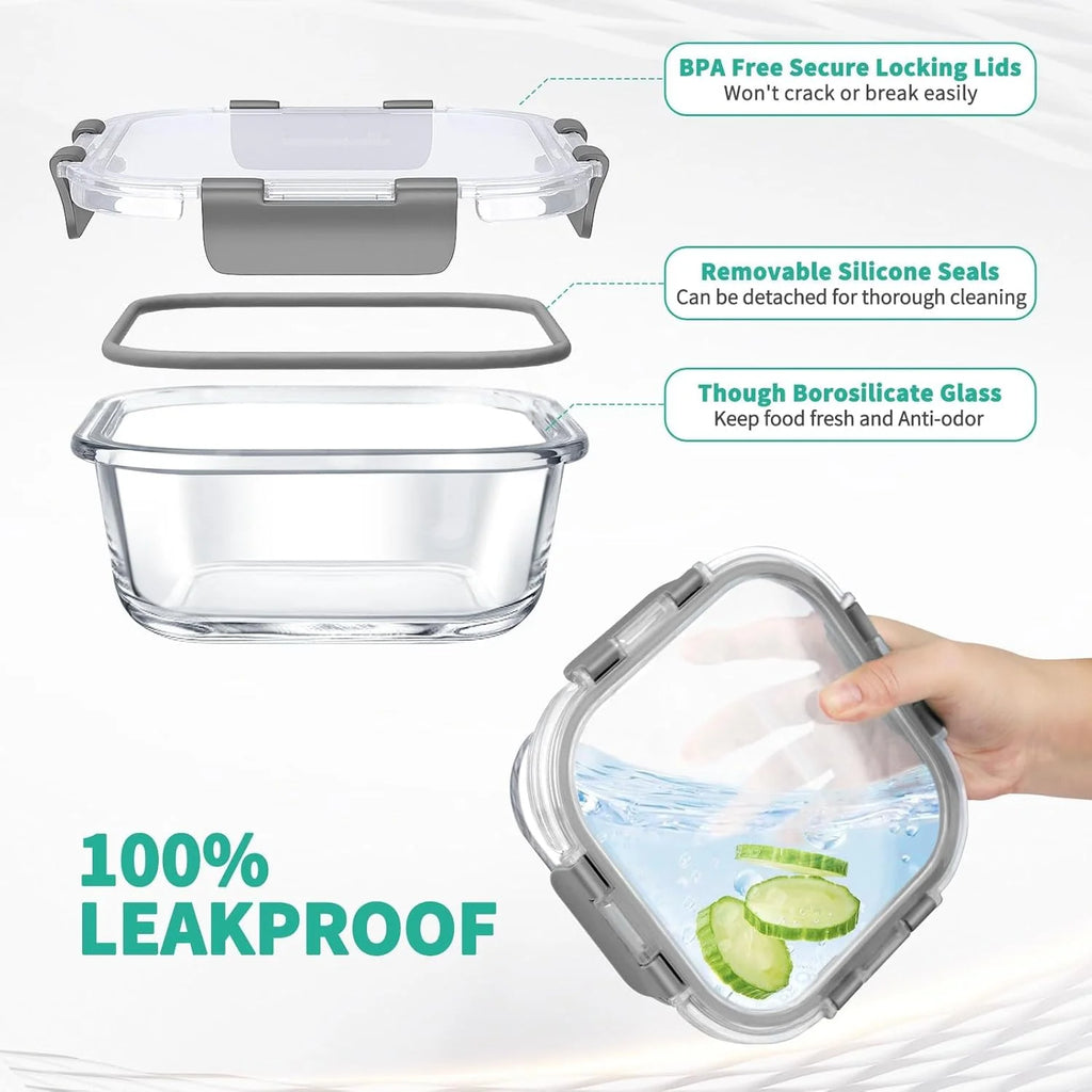 34Pcs Glass Food Storage Containers with Lids Set, Airtight Meal Prep Containers (17 Containers & 17 Lids), Grey
