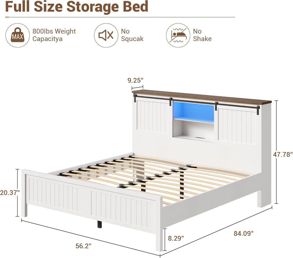 Farmhouse Bed Frame Full Size with LED Lights and Charging Station, Wooden Platform Full Bed with Storage Bookcase Headboard, Full Bed Frame with Sliding Barn Door, No Box Spring Needed