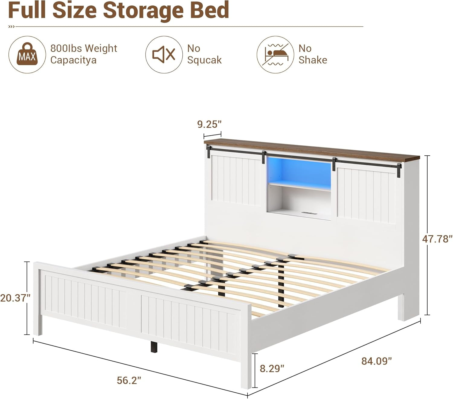 Farmhouse Bed Frame Full Size with LED Lights and Charging Station, Wooden Platform Full Bed with Storage Bookcase Headboard, Full Bed Frame with Sliding Barn Door, No Box Spring Needed