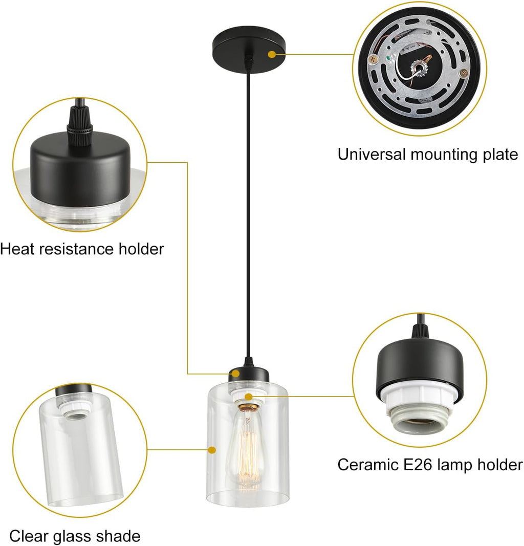 Modern Black Farmhouse Pendant Light with Glass Shade,Industrial Pendant Lighting, Adjustable Hanging Light Fixtures, Farmhouse Pendant Lighting