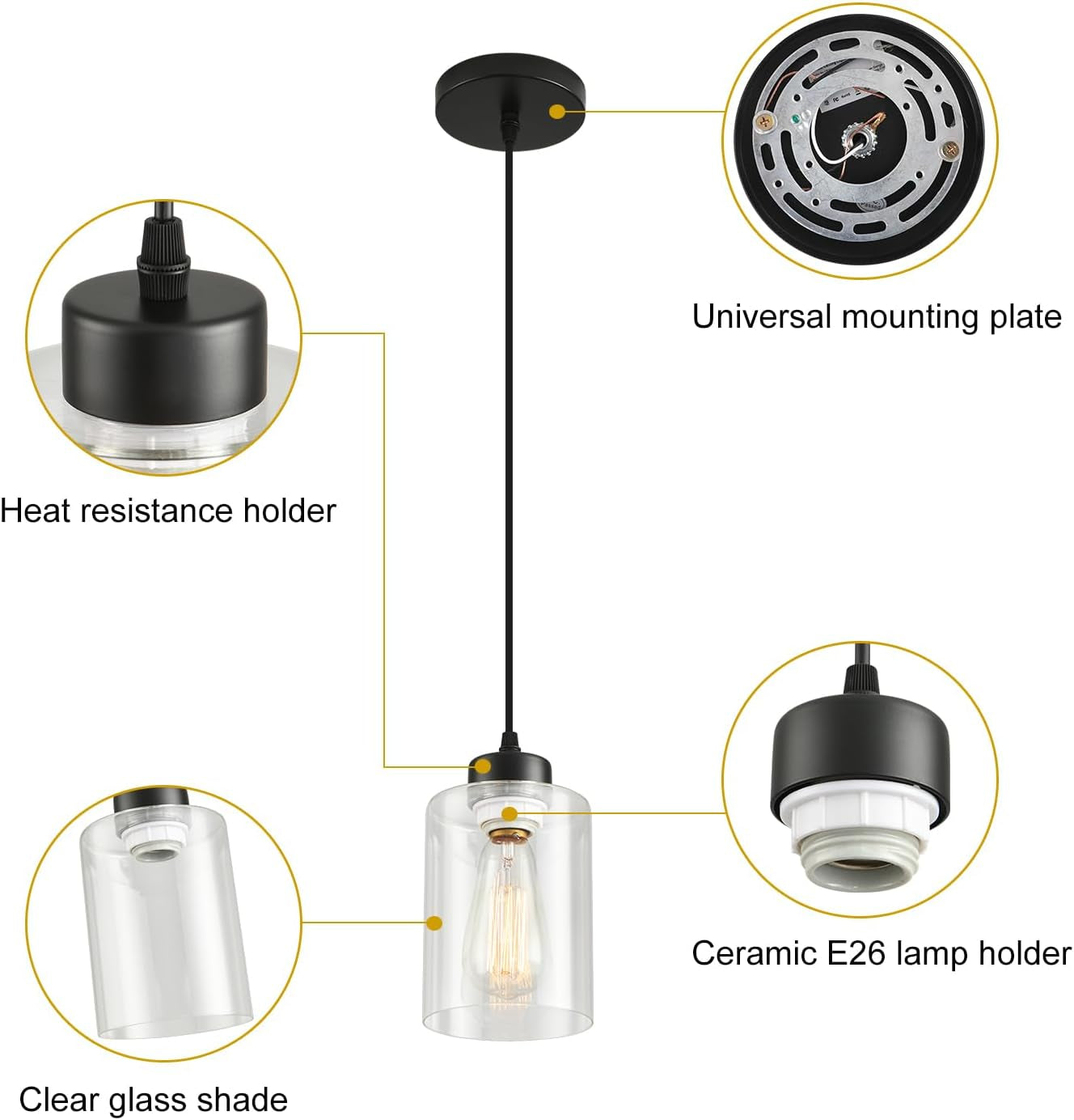 Modern Black Farmhouse Pendant Light with Glass Shade,Industrial Pendant Lighting, Adjustable Hanging Light Fixtures, Farmhouse Pendant Lighting