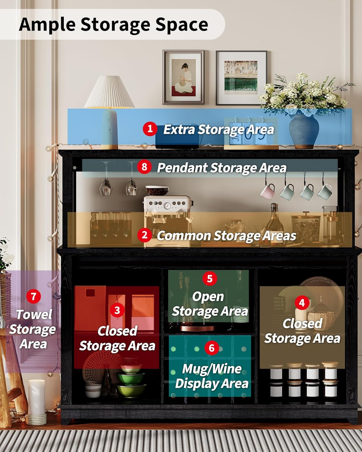 Farmhouse Coffee Bar Cabinet 55" – LED Lighting, Built-In Power Outlet, Sliding Barn Door, Buffet Sideboard with 12-Bottle Wine Rack, Glass Holder, Drawers, Ample Storage, Dining Room, All