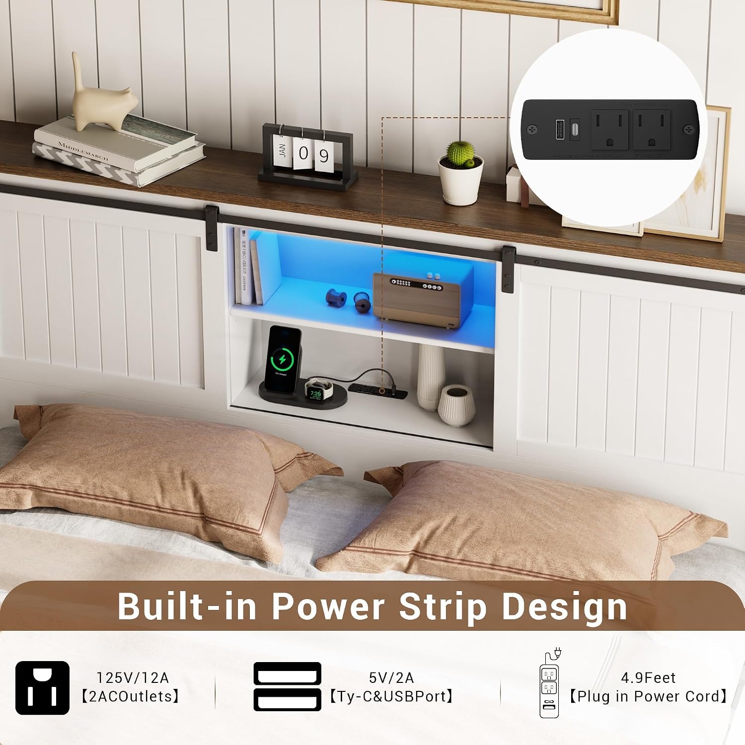 Farmhouse Bed Frame Full Size with LED Lights and Charging Station, Wooden Platform Full Bed with Storage Bookcase Headboard, Full Bed Frame with Sliding Barn Door, No Box Spring Needed
