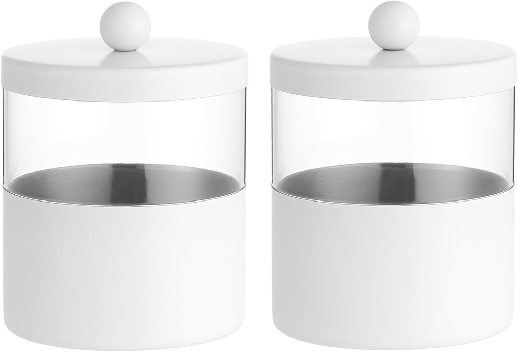 White Apothecary Jars, White Qtip Holder - Stainless Steel Bathroom Jar with Stickers - Farmhouse Decor Qtip Dispenser for Qtips, Cotton Balls, Swabs, Makeup Sponges (2-Pack)