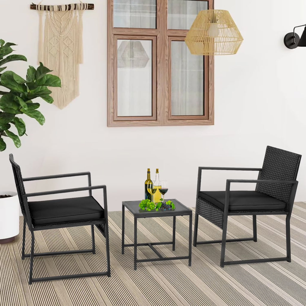 3 Piece Patio Furniture Sets Wicker Patio Chairs Rattan Outdoor Bistro Set Outdoor Furniture for Backyard Porch Poolside Lawn,Black Cushion