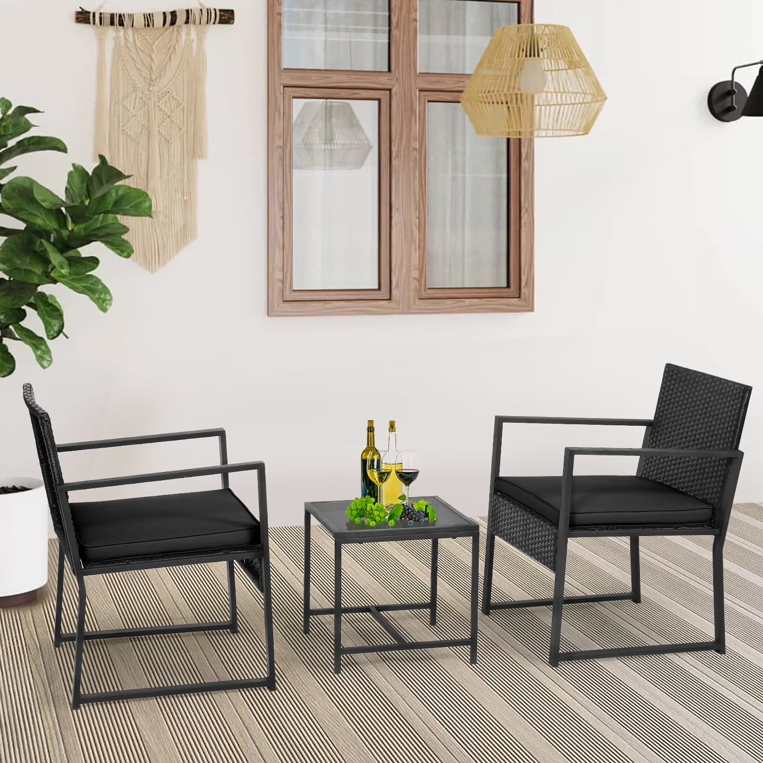 3 Piece Patio Furniture Sets Wicker Patio Chairs Rattan Outdoor Bistro Set Outdoor Furniture for Backyard Porch Poolside Lawn,Black Cushion