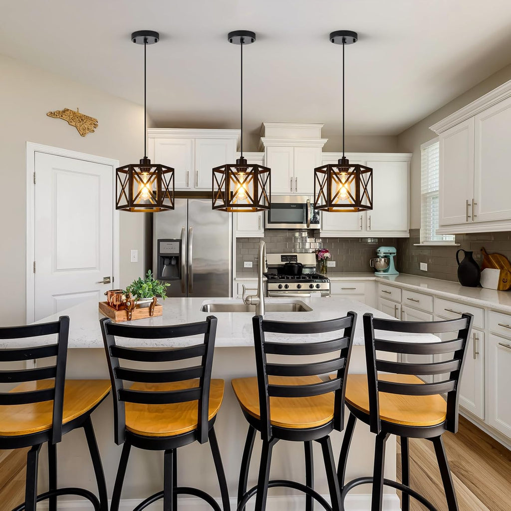 2 Pack Farmhouse Pendant Lights, Modern Black Hanging Light Fixture with Hexagonal Cage, Industrial Metal Ceiling Lights, Adjustable Lantern Pendant Lighting for Kitchen Island Sink Hallway