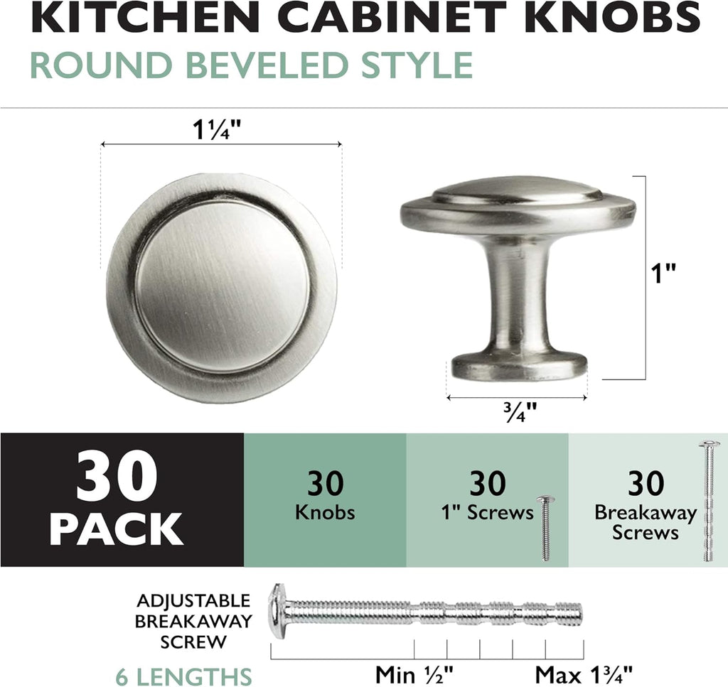 Satin Nickel Kitchen Cabinet Knobs - 1 1/4 Inch round Drawer Handles - 30 Pack of Kitchen Cabinet Hardware