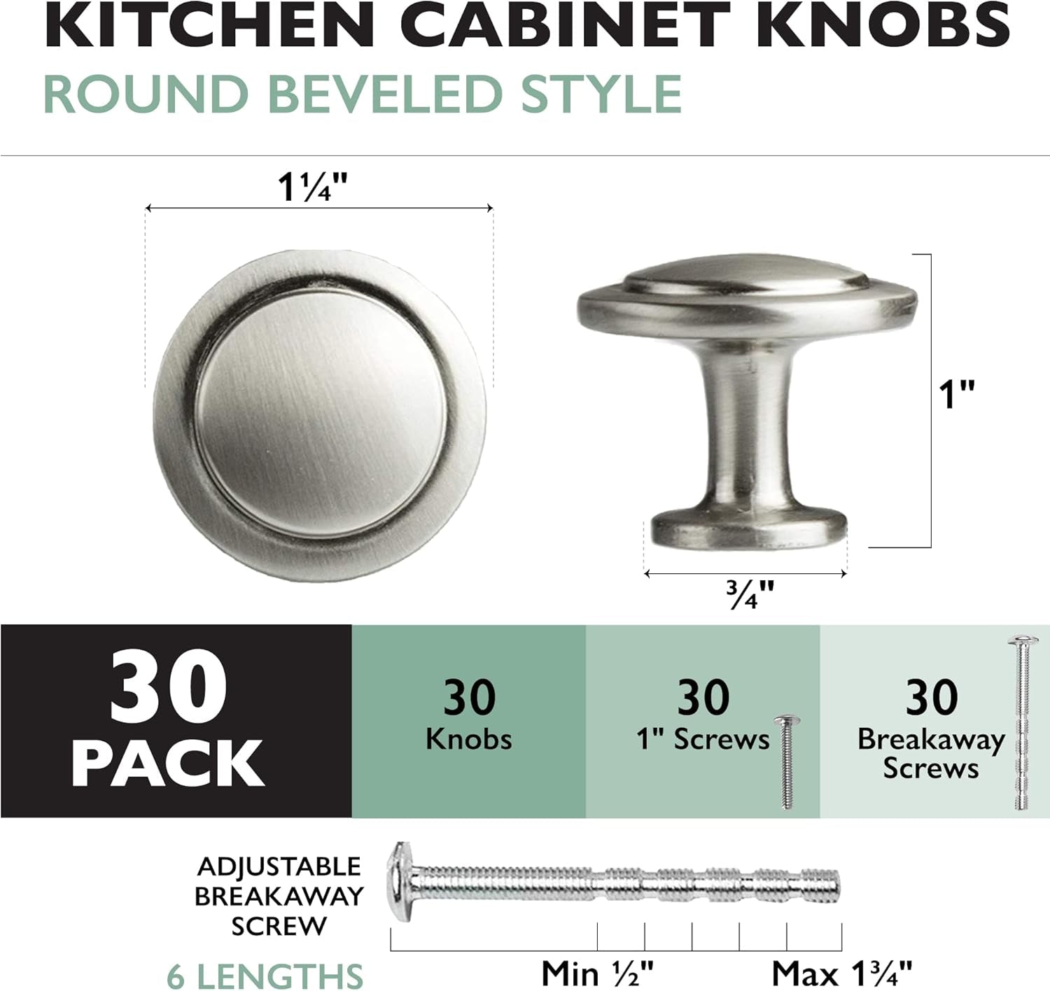 Satin Nickel Kitchen Cabinet Knobs - 1 1/4 Inch round Drawer Handles - 30 Pack of Kitchen Cabinet Hardware