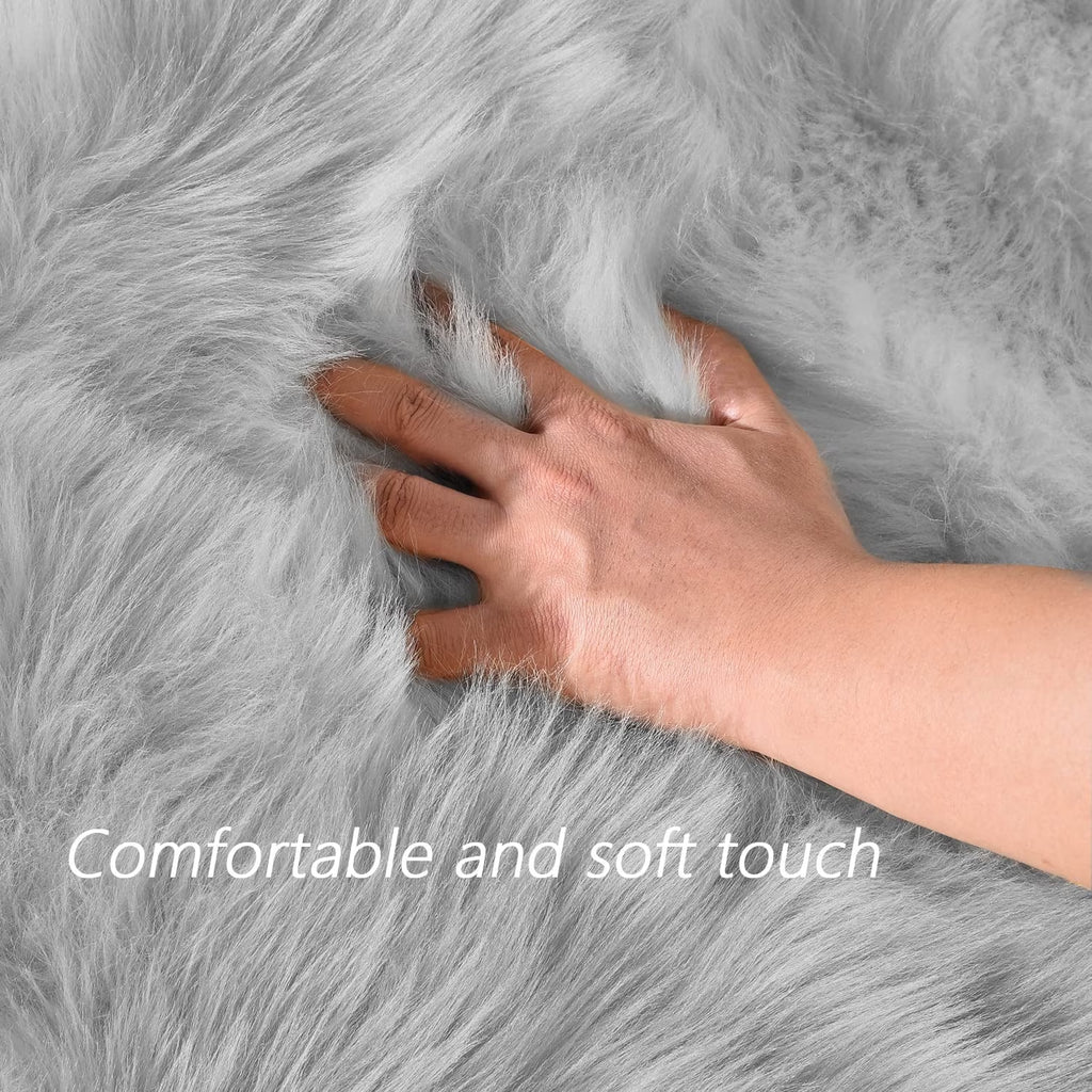 Sheepskin Rug 8X10, Faux Fur Sheepskin Rug for Living Room, Fluffy Washable Rug for Bedroom, Nursery, Teen Bedroom Decor, Grey Shag Rug, Rectangle