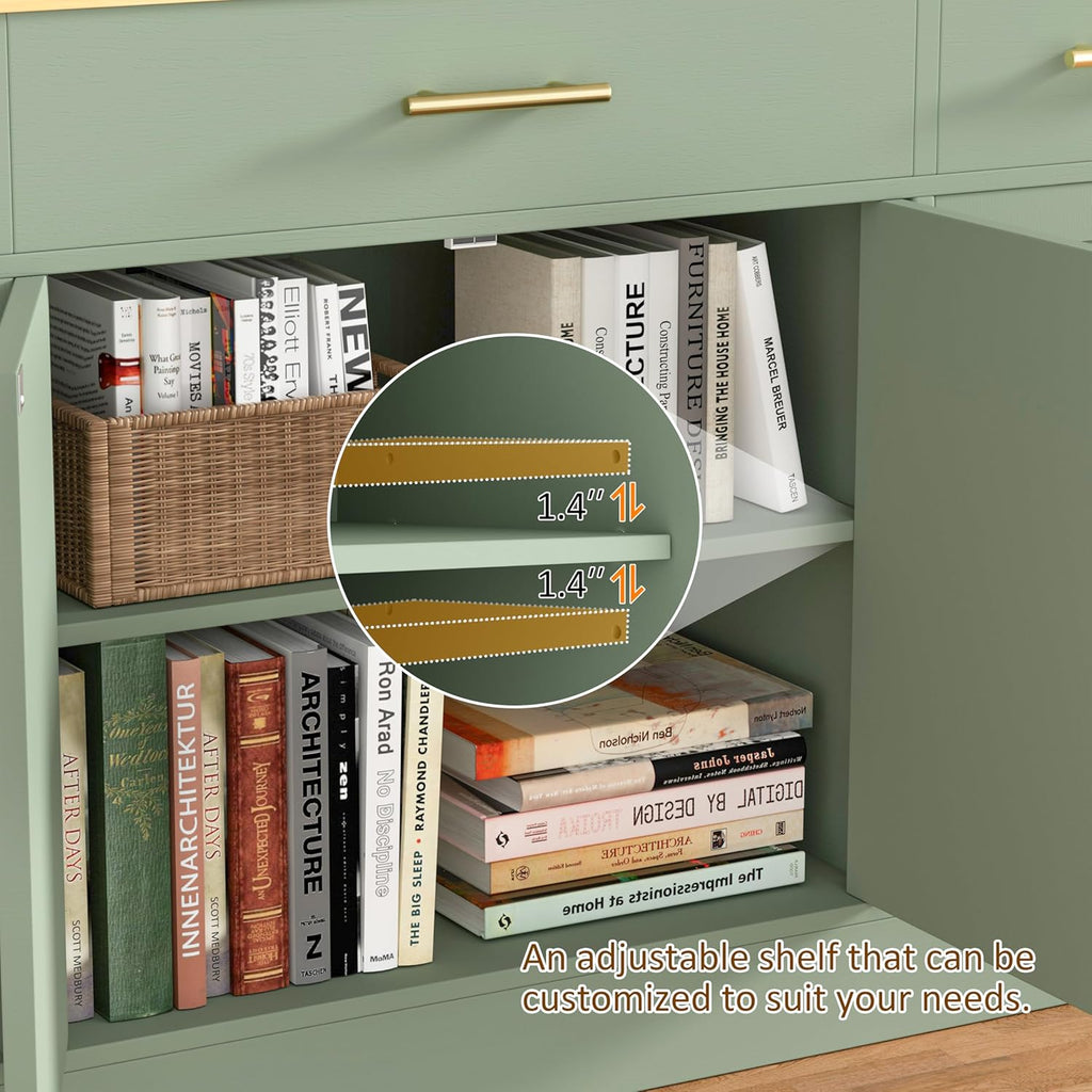 Buffet Cabinet with Storage, Farmhouse Coffee Bar Table with Drawers, 53” Large Modern Sideboard Buffet with Adjustable Shelves, Wood Buffet Table for Kitchen, Dining Room, Green